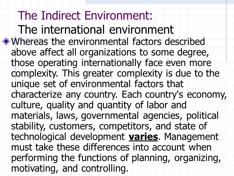 The Indirect Environment: The international environment   Whereas the environmental factors described above